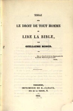 Essai sur le droit de tout homme de lire la bible
