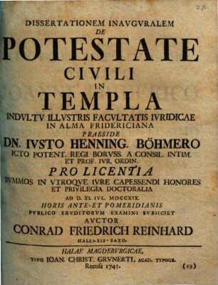 Dissertationem Inavgvralem De Potestate Civili In Templa