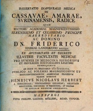 Diss. inaug. med. de cassavae, amarae, Surinamensis, radice