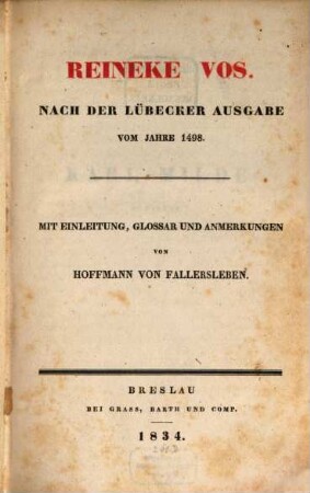 Reineke Voss : Nach der Lübecker Ausgabe vom Jahre 1498