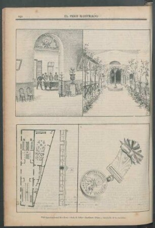 [Vistas del] Club Internacional Revólver : Sala de billar - Jardines - Plano y facsímile de la medalla.