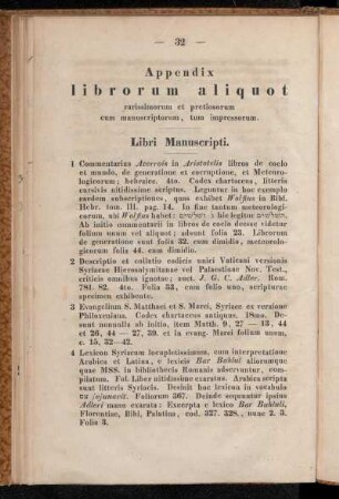 Appendix librorum aliquot rarissimorum et pretiosorum cum manuscriptorum, tum impressorum