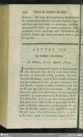 Lettre CIX. Le même à la même. A Paris, le 15. Avril, 1695
