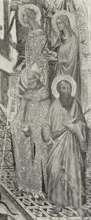 Thronende Madonna mit dem Kinde, von sechs Engeln und acht Heiligen verehrt