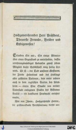 Hochzuverehrender Herr Präsident, theuerste Freunde, Brüder und Eydsgenossen!