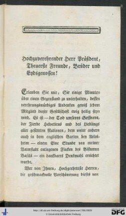 Hochzuverehrender Herr Präsident, theuerste Freunde, Brüder und Eydsgenossen!
