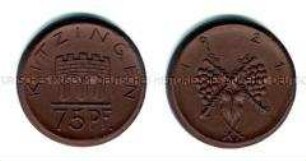 Porzellan-Notmünze (Böttgersteinzeug) der Stadt Kitzingen Wert von 75 Pfennig