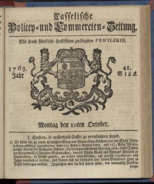 41. Stueck, Montag den 10ten October 1763