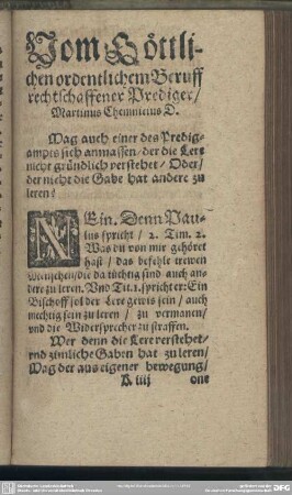 Vom Göttlichen ordentlichem Beruff rechtschaffener Prediger, Martinus Chemnicius D.