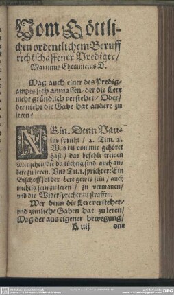 Vom Göttlichen ordentlichem Beruff rechtschaffener Prediger, Martinus Chemnicius D.