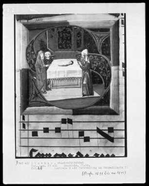 Graduale in zwei Bänden und ein dazugehöriges Antiphonar — Graduale — Initiale S mit der Darstellung Marias im Tempel, Folio 28recto