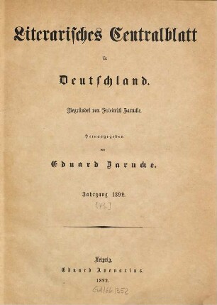 Literarisches Zentralblatt für Deutschland. 43. 1892