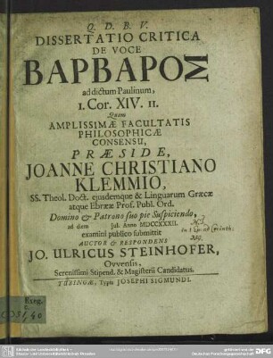 Dissertatio Critica De Voce Barbaros ad dictum Paulinum, I. Cor. XIV. II.