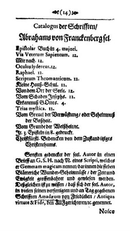 Catalogus der Schrifften/ Abrahams von Franckenberg sel.