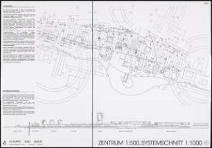 »Olympische Feststadt«, Olympisches Dorf, Berlin Schinkelwettbewerb 1992: Systemschnitt 1:1000, Lageplan 1:500