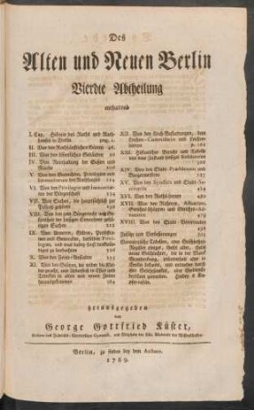 Abtheilung 4: Des Alten und Neuen Berlin vierdte Abtheilung