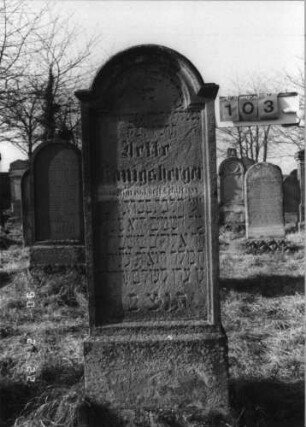 Grabstein 103 (Index: 100116411) Material: Sandstein Zustand: teilweise verwittert Maße HxBxT: 184x58x22 cm Beschreibung: aufgesockelte Stele mit eingezogenem Rundbogenabschluß und eingetieftem Schriftfeld: Grabstein 103
