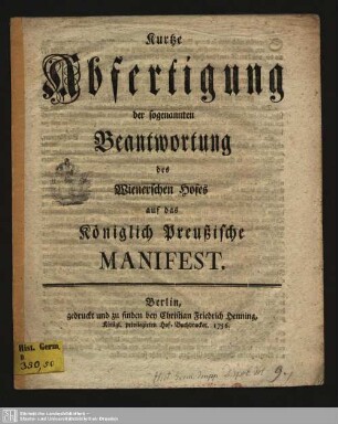 Kurtze Abfertigung der sogenannten Beantwortung des Wienerschen Hofes auf das Königlich-Preußische Manifest