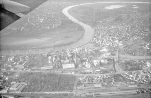 Offenbach: Mainschleife mit Ortschaften, Industriewerk; Fechenheim, links; Bürgel, rechts