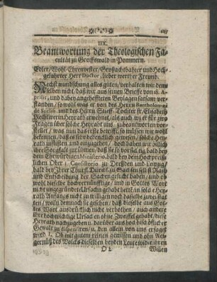 IIX. Beantwortung der Theologischen Facultät zu Greiffswald in Pommern.