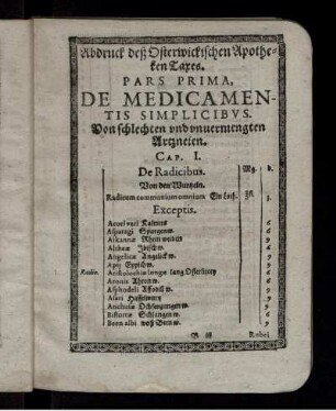 Pars Prima, De Medicamentis Simplicibus. Von schlechten und unvermengten Artzneien