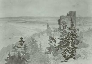 Blick von hochgelegener Ruine über weites Flußtal