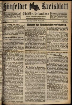 Erste Ausgabe vom Samstag, den 27. April 1929.
