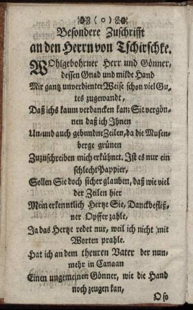 Besondere Zuschrifft an den Herrn von Tschirschke.