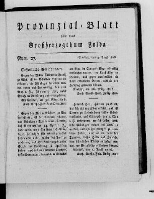 Num. 27., Ausgabe vom 9. April 1816