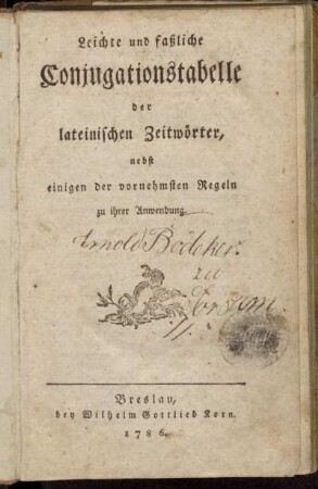 Leichte und faßliche Conjugationstabelle der lateinischen Zeitwörter : nebst einigen der vornehmsten Regeln zu ihrer Anwendung