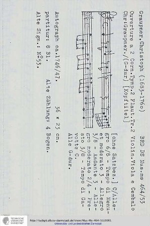Ouverture a 2 Corn. Tymp. 2 Flaut. Tr. 2 Violin. Viola e Cembalo Chr: / Graupner.