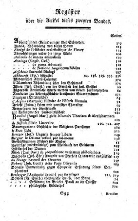 Register über die Artikel dieses zweyten Bandes