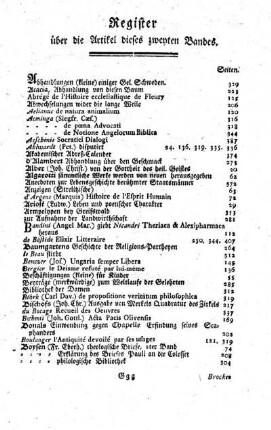 Register über die Artikel dieses zweyten Bandes
