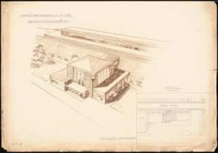 Empfangsgebäude an einer Vorortbahn Monatskonkurrenz Mai 1929: Lageplan 1:500; perspektivische Ansicht