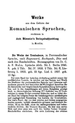 Werke aus dem Gebiete der Romanischen Sprachen, erschienen in Ferd. Dümmler's Verlagsbuchhandlung in Berlin.