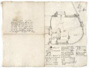 Breitenau, ehem. Kloster, Vorhof mit Entwurf für einen Stall (recto), tabellarischer Anschlag der Baukosten (verso)