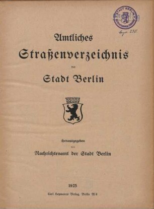 1925: Amtliches Straßenverzeichnis der Stadt Berlin