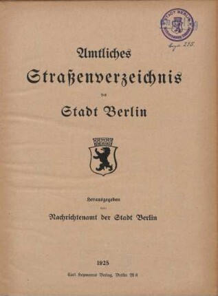 1925: Amtliches Straßenverzeichnis der Stadt Berlin
