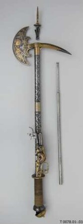 Stopfen / Streitaxt mit Radschlossfeuerwaffe, Ladestock und Stopfen