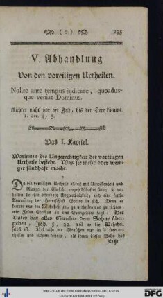 V. Abhandlung. Von den voreiligen Urtheilen.