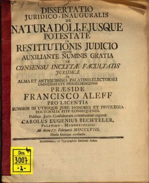 Diss. de natura doli eiusque potestate in restitutionis iudicio
