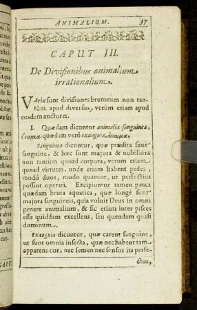 Caput III. De Divisionibus animalium irrationalium.