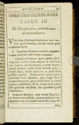 Caput III. De Divisionibus animalium irrationalium.