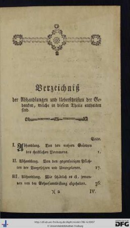 Verzeichniß der Abhandlungen und Überschriften der Gedanken, welche in diesem Theile enthalten sind.
