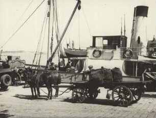 Stralsund. Rügen. Im Hafen werden Güter auf einen Dampfer verladen. Pferdefuhrwerk und andere Fahrzeuge stehen auf dem Kai