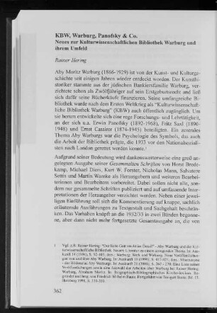 KBW, Warburg, Panofsky & Co. : Neues zur Kulturwissenschaftlichen Bibliothek Warburg und ihrem Umfeld
