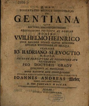 Dissertatio Medica Inauguralis De Gentiana