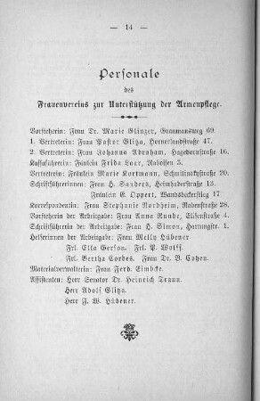 Personale des Frauenvereins zur Unterstützung der Armenpflege.