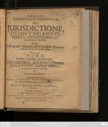 Exercitatio Iuridica III. De Iurisdictione, In Ius Vocando, Edendo; Satisdationibus; Feriis & Dilationibus