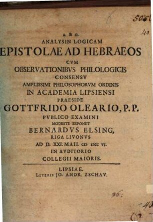 Analysin Logicam Epistolae Ad Hebraeos : Cvm Observationibvs Philologicis